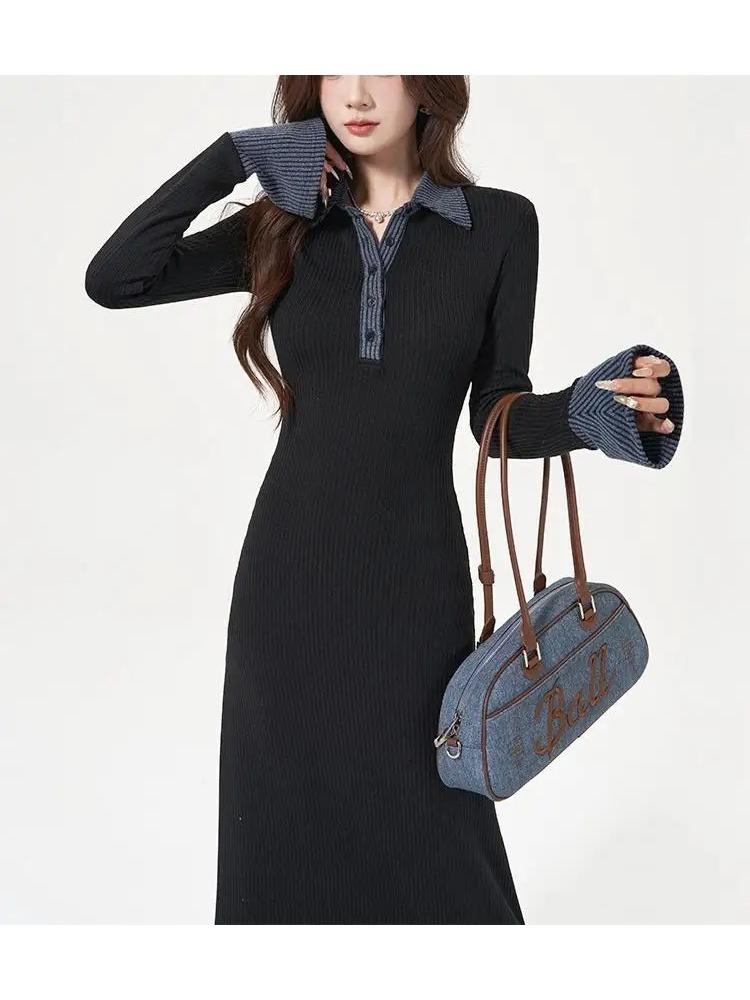 Korean Contrasting Color Lapel Long-sleeved Knitted Dress New Style High-end Waist Slimming Inner A-line Long Skirt for Women