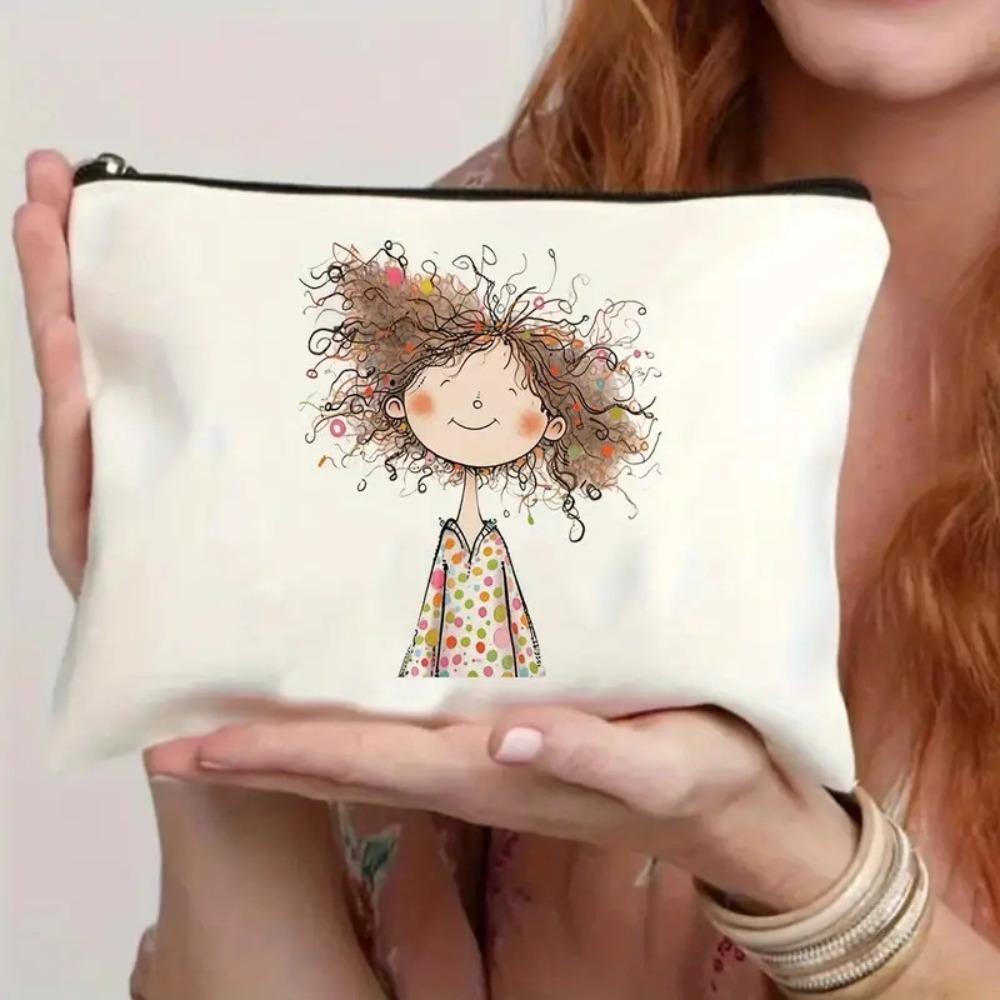 Durable Vintage Style Makeup Bag Cute Girl Pattern Foldable Storage Bag Lightweight Zipper Toiletry Bag Travel