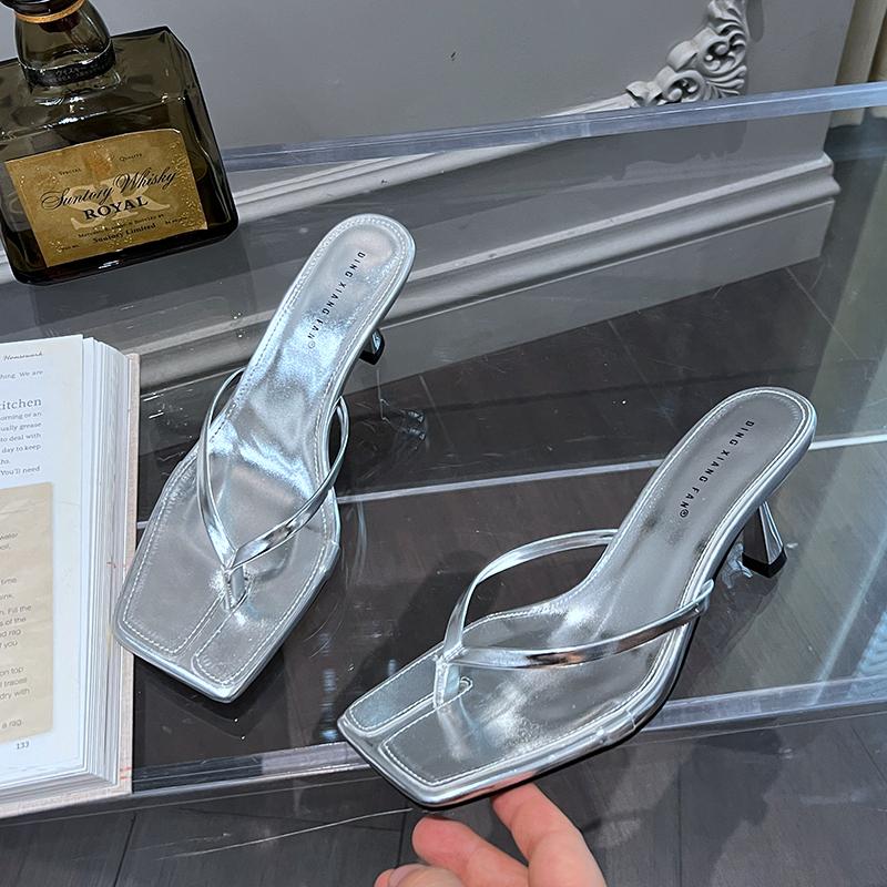 Mode SUOJIALUN 2025 Sommer Dünner Hoher Absatz Damen Slipper Mode Schmaler Riemen Slipper Damen Flip Flop Outdoor Kleid Sandale Pantoletten Schuh