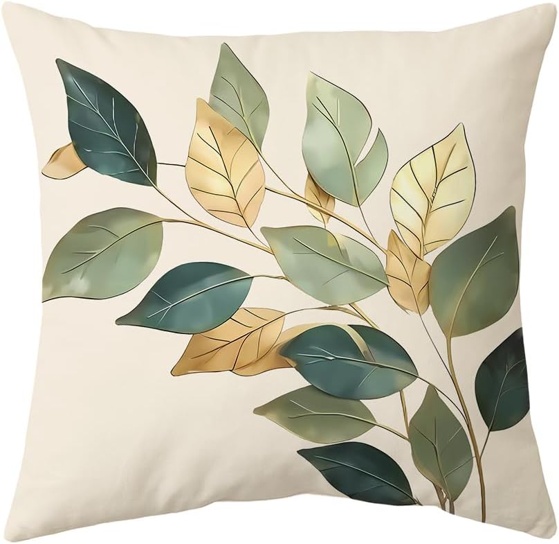 4Pcs Gold Green Leaf Cushion Covers, Modern Botanical Pillow Cases For Sofa Bedroom Living Room Home Decor 45X45Cm