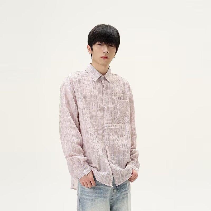2024 Striped Long Sleeve Shirt Japanese Hong Kong Style Ins Loose Shirt Boys Summer Trendy Versatile Casual Coat