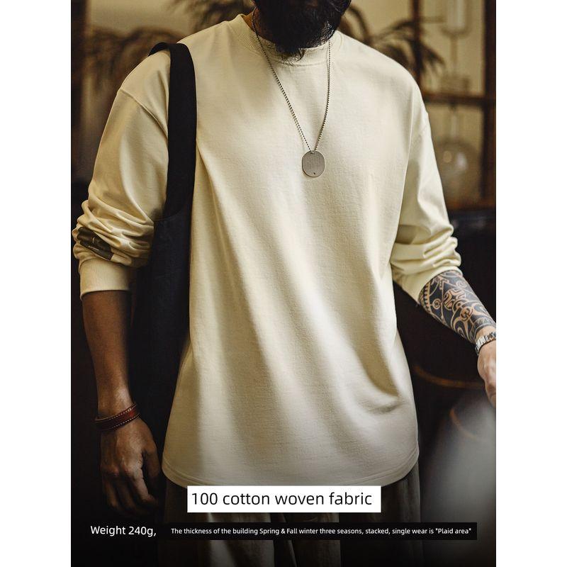 Madden Parka American Retro Print Long Sleeves T-shirt Loose Casual Pure Cotton round Neck Bottoming Shirt Tops Men's Autumn