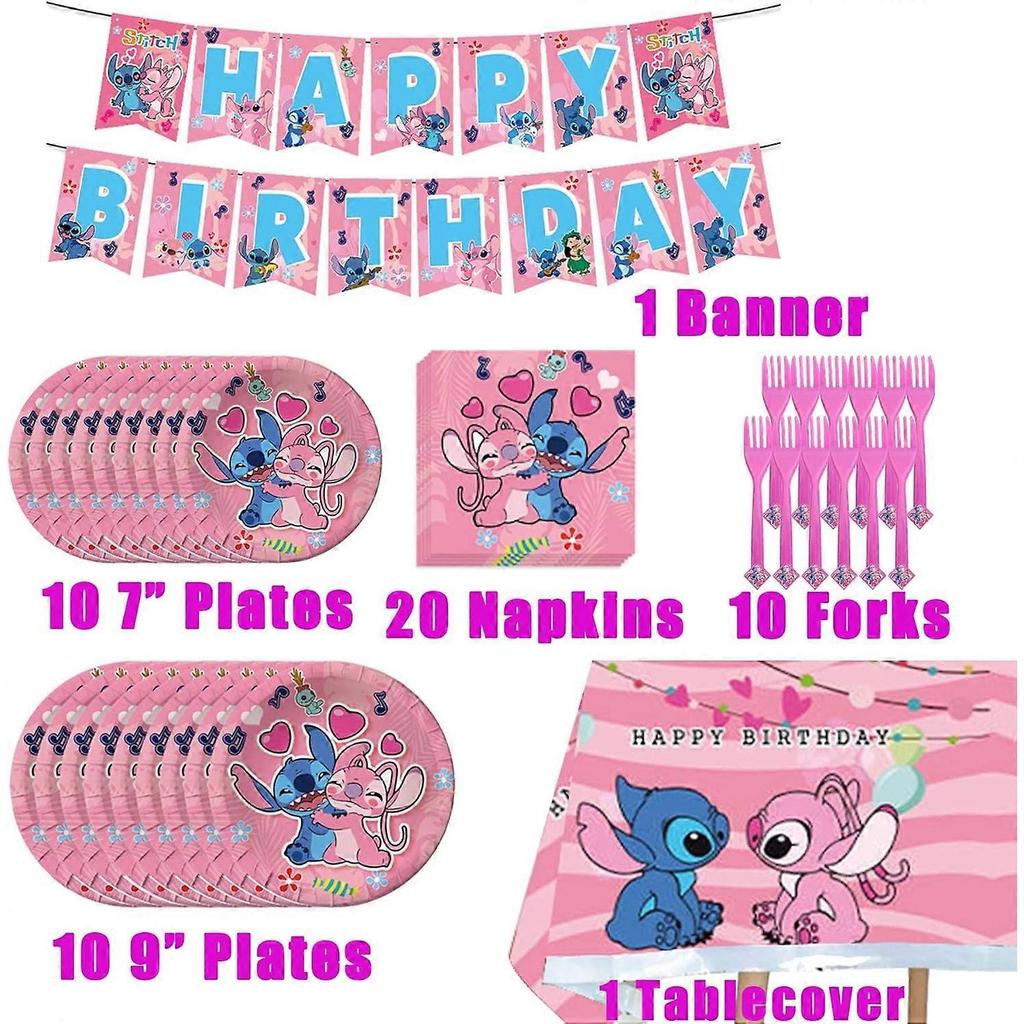 Pink Lilo and Stitch Birthday Party Supplies Set, Pink Theme Party Decoration Favors Includes Happy Birthday Banner, Tablecover