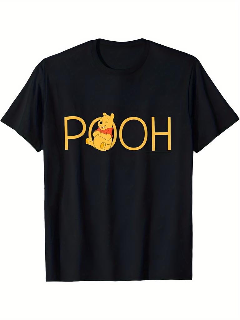 Disney Winnie The Pooh Minimalist Character Design Cotton TShirt for Unisex Women Black g Short Sleeve Round Neck