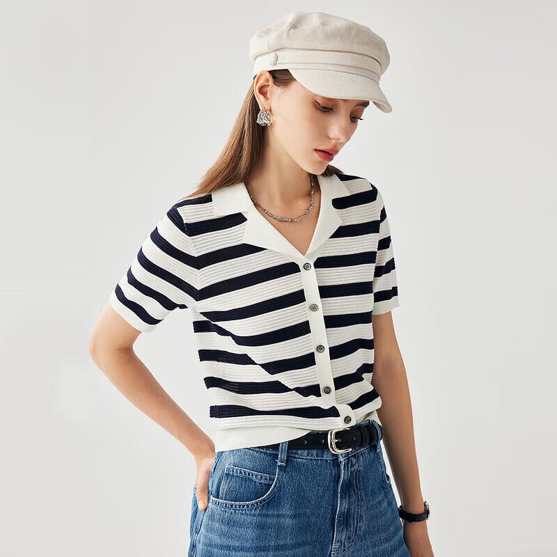 Zhaojun Women's Striped Mulberry Silk Short Sleeve Knit Cardigan