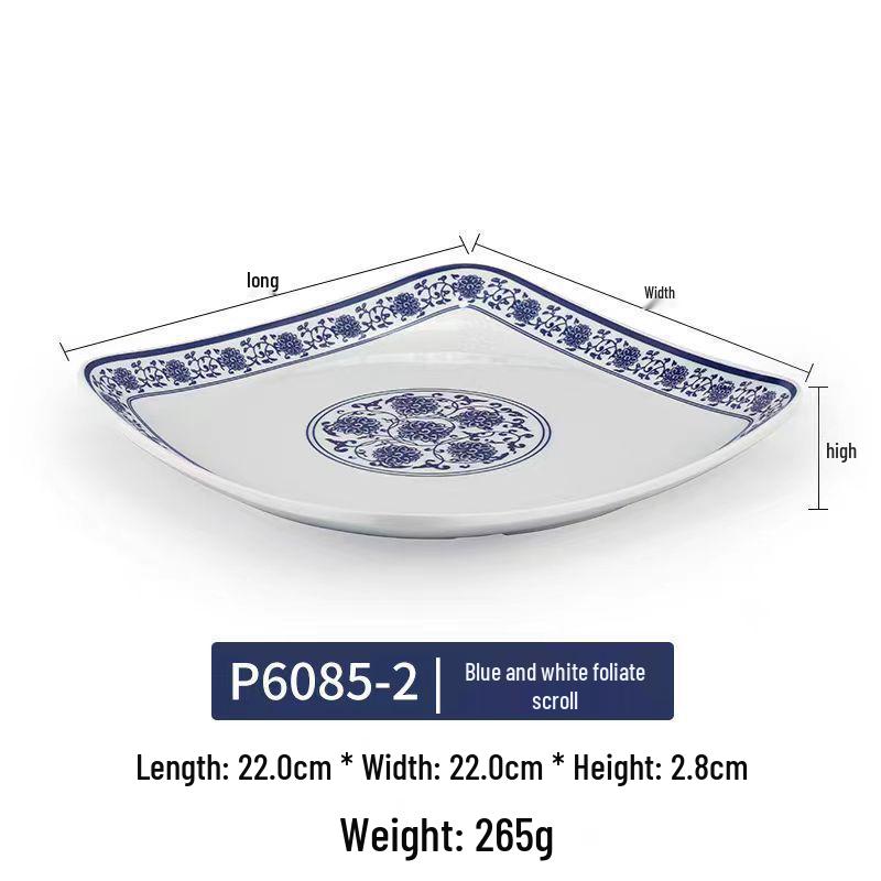 Melamine Blue & White Porcelain Square Plate for Hotels & Restaurants - Stir-Fry, Fast Food, Cold Dishes, Rice Bowl, Commercial Use.