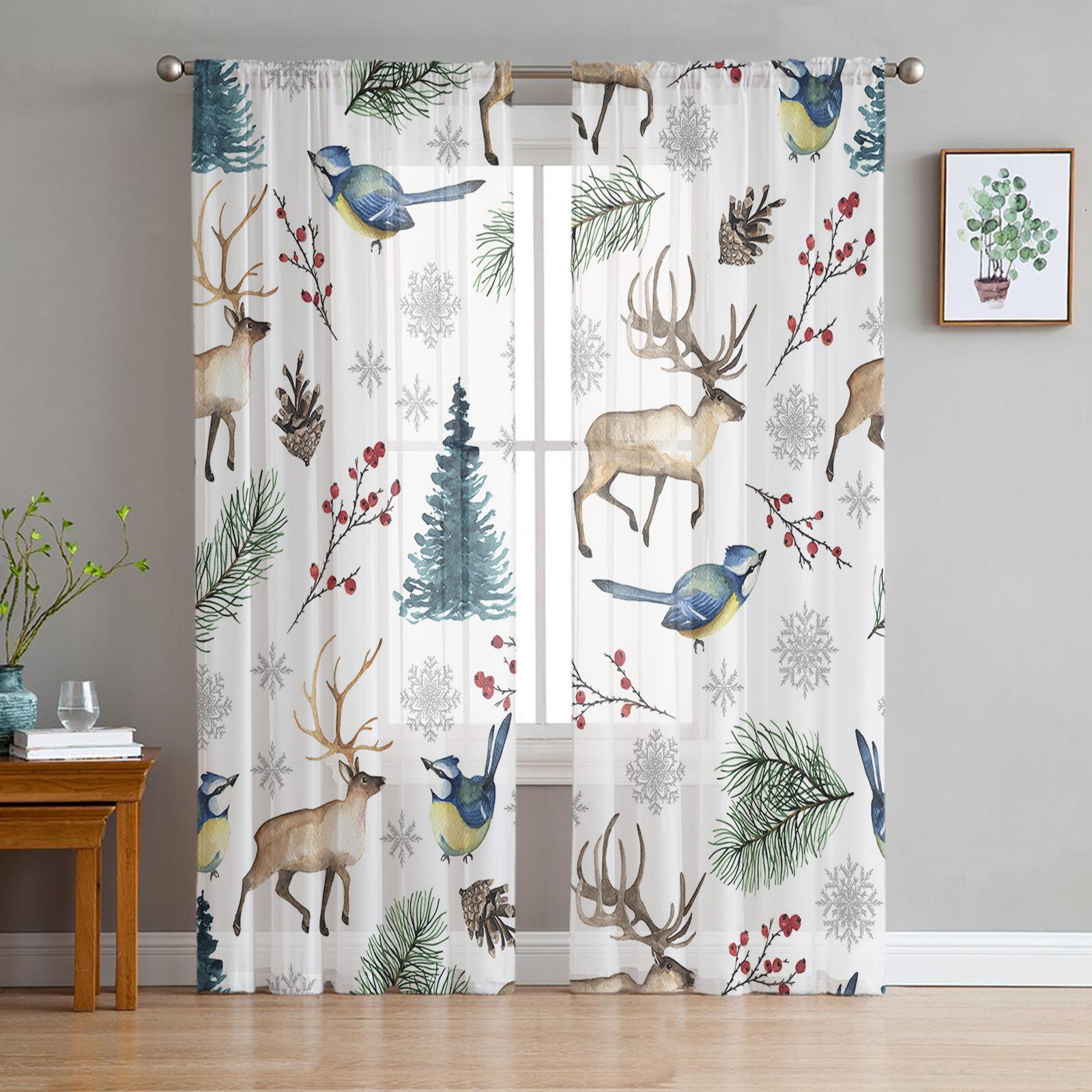

Xmas Tree Snow Figure Snow Flake Gift Wood Grain Voile Curtains Bedroom Tulle Window Curtain Living Room Sheer Curtains Drapes Decor W135 x H115cm x1&Rod Pocket