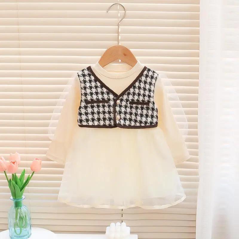 

Платье для девочек, весенне-осеннее газовое платье, корейский милый комплект из марлевого платья с узором «гусиные лапки», модное платье + жилет, костюм из двух предметов 80 бежевый