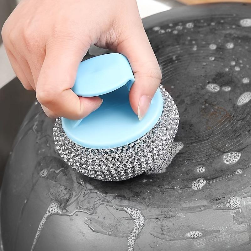 Stainless Steel Sponge Brush with Handle, Removable Decontamination Ball, Non-Stick & Oil-Free Dishwashing, Residue-Free Kitchen Cleaning Too