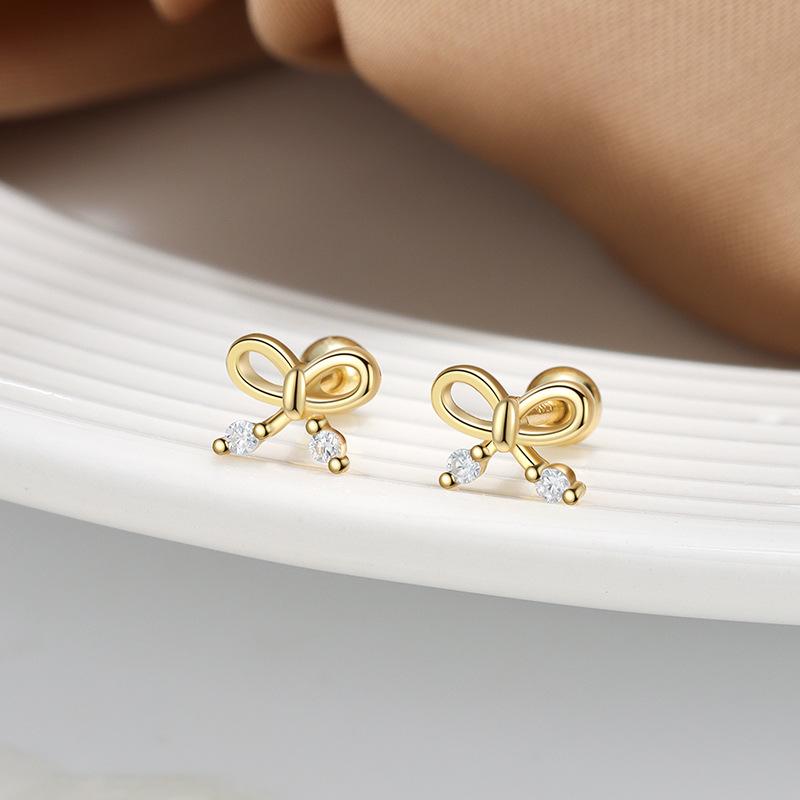 S925 Sterling Silver Inlaid Zircon Bow Screw Earrings Korean Simple Fashionable Sweet Temperament Earrings for Women