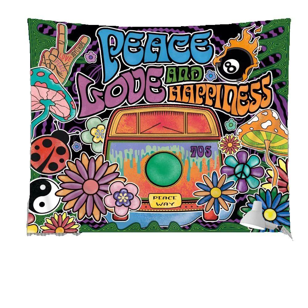 

70s Hippie Peace Love Happiness Printed Tapestry Single Sided Printed Retro Groovy Home Decor Wall Hanging for Bedroom Living 40x60cm