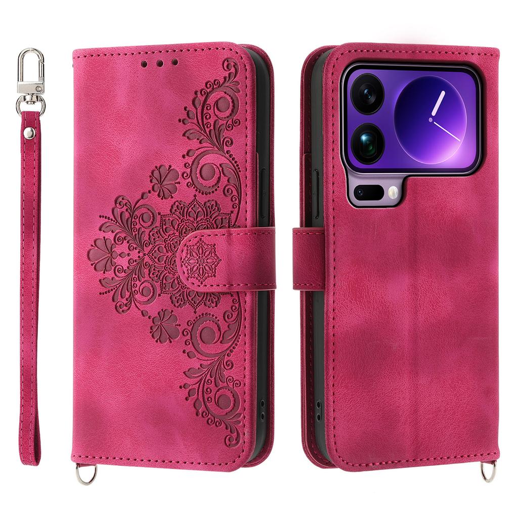 For Xiaomi 17 Pro Max Case Flower Pattern PU Leather Wallet Phone Cover with Strap