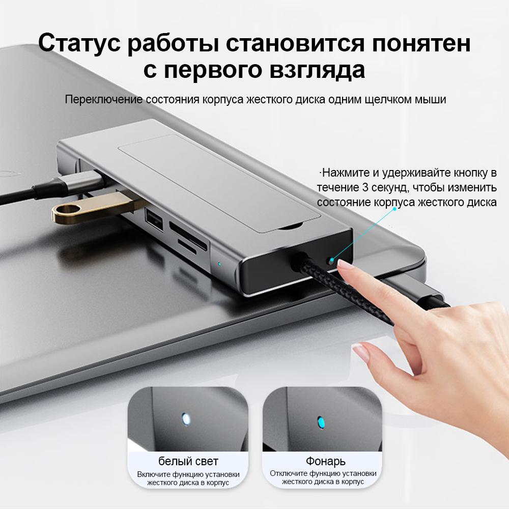 8 In 1 Type C Docking Station with Disk Storage Function USB 3.2 Hub 10Gbps M.2 NVMe SATA SSD Case Multi Adapter Card Reader USB C To HDMI Adapter