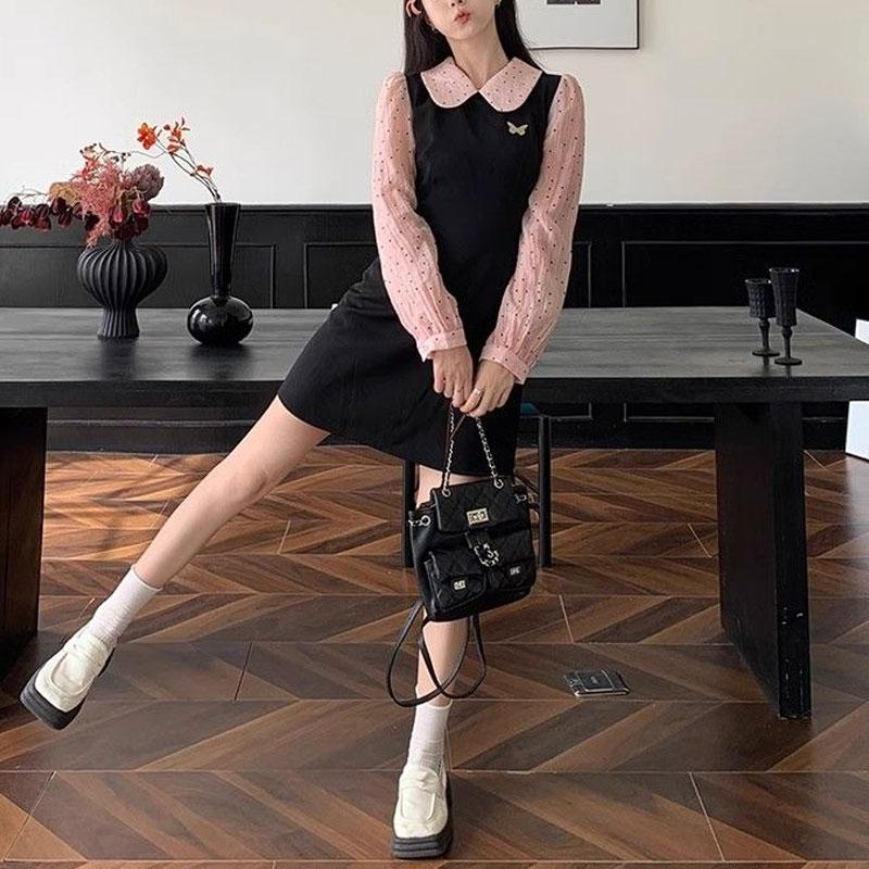 Sweet Polka Dot Mini Dress Spring Autumn Fake Two Pieces Spliced Preppy Style Doll Collar Fashion A-Line Waist