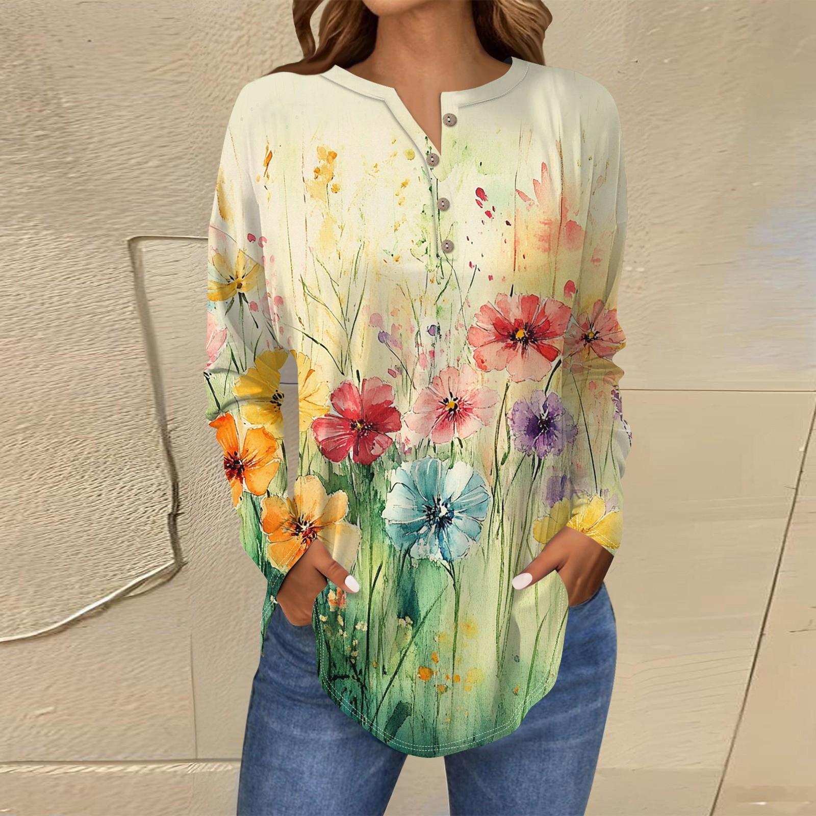 

Футболки для женщин, осенние повседневные рубашки с длинным рукавом на пуговицах, толстовка с винтажным принтом, топ, пуловер XL жёлтый