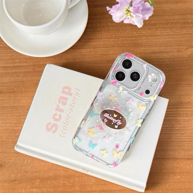Shockproof Clear Phone Case For iPhone 14 15 16 17 Pro Max Colorful Butterfly Glitter With Pop Socket Large Window Fairy Cover
