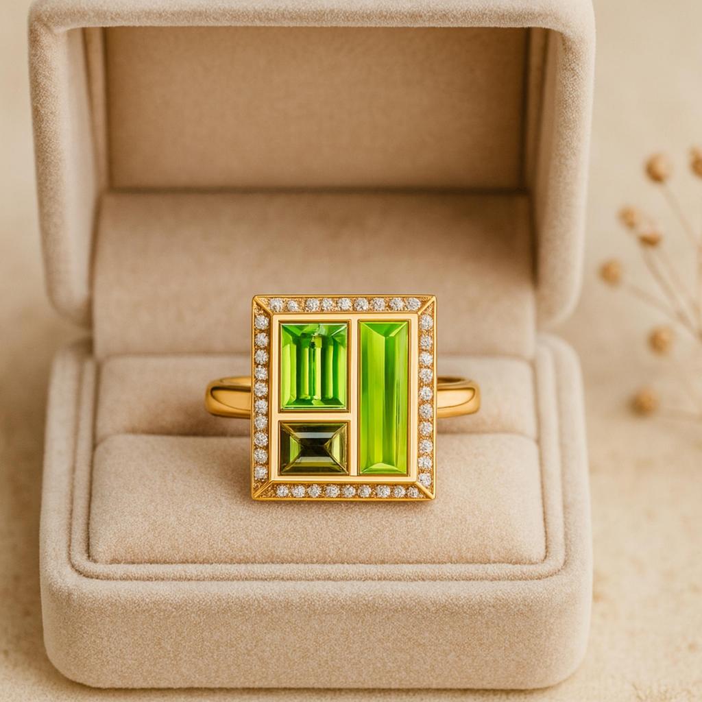 Inel Peridot Tăietură Baghetă cu Halo de Zirconiu Cubic – Argint Sterling 925 Placat cu Aur Inel Cocktail Geometric - Bijuterii Art Deco Cadou