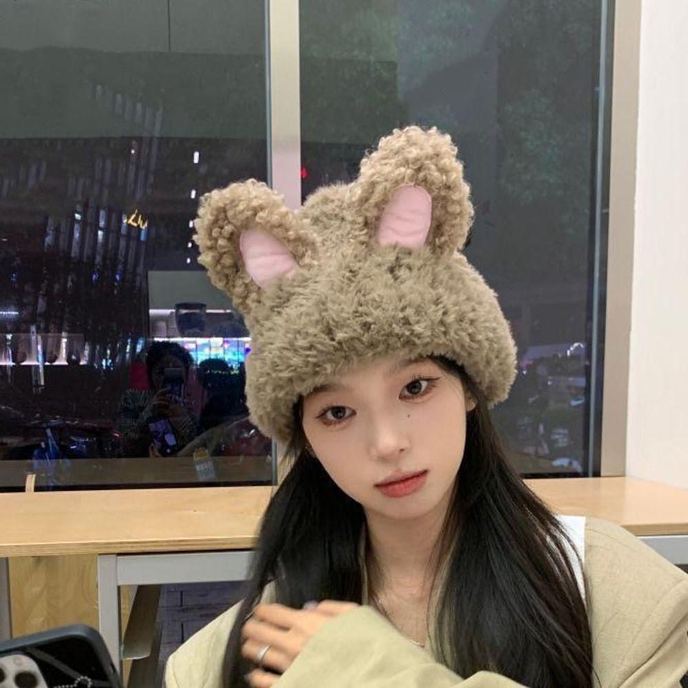 Cute Rabbit Ear Plush Warm Hat Keep Warm Winter Hat Casual Wool Knitted Hat  Winter