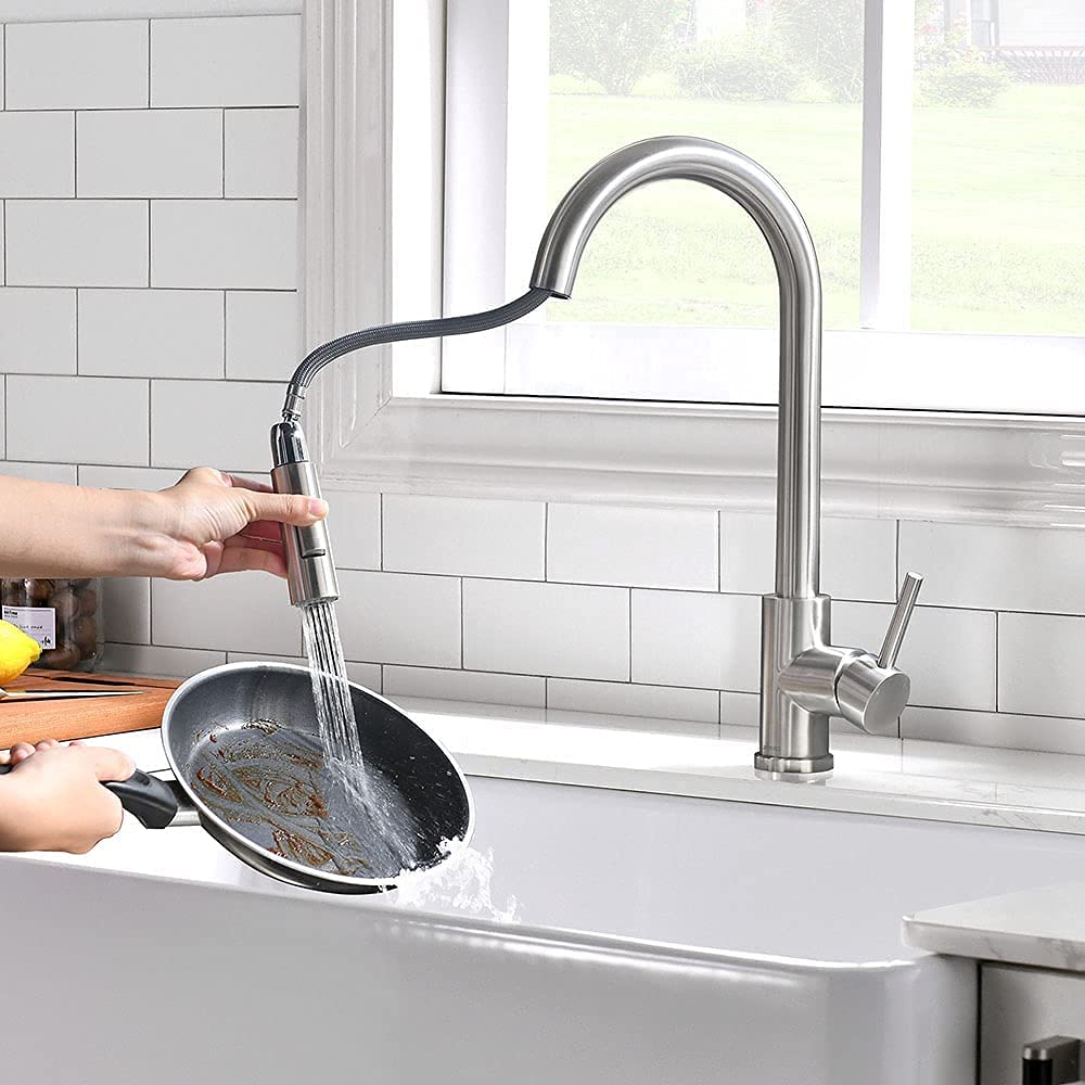 APPASO Moderne Küchenarmatur mit Einzelgriff aus SUS304 Edelstahl für die Küche, inklusive japanischer Easy-Installation, Ausziehbarer Brause,