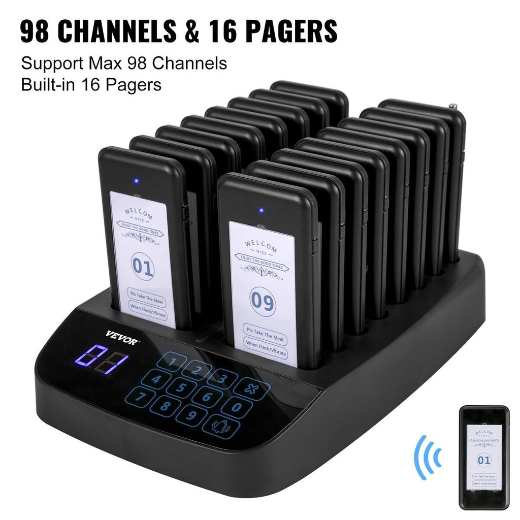 Restaurant-Pager 16 Untersetzer Paging-System Max. 98 Kinderbetreuungs-Pager Kabelloses Paging Warteschlangen-Rufsystem Touchscreen mit Vibration, Blinken und