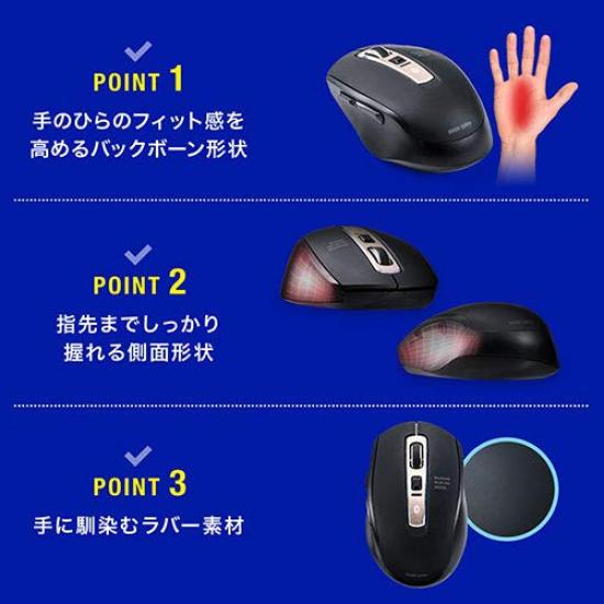 E-Supply Silent Bluetooth Mouse, Wireless, Bluetooth 5.0, Blue LED, 5 Buttons, DPI Switching, Rubberized, Medium Size, Black, EZ4-MA125BK