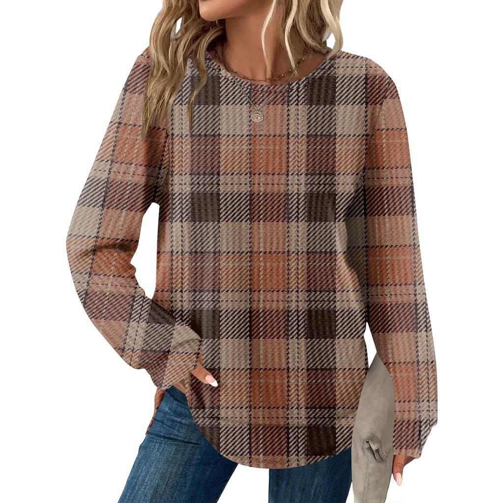 Women's Plaid Print Round Neck Long Sleeve Casual Loose Top