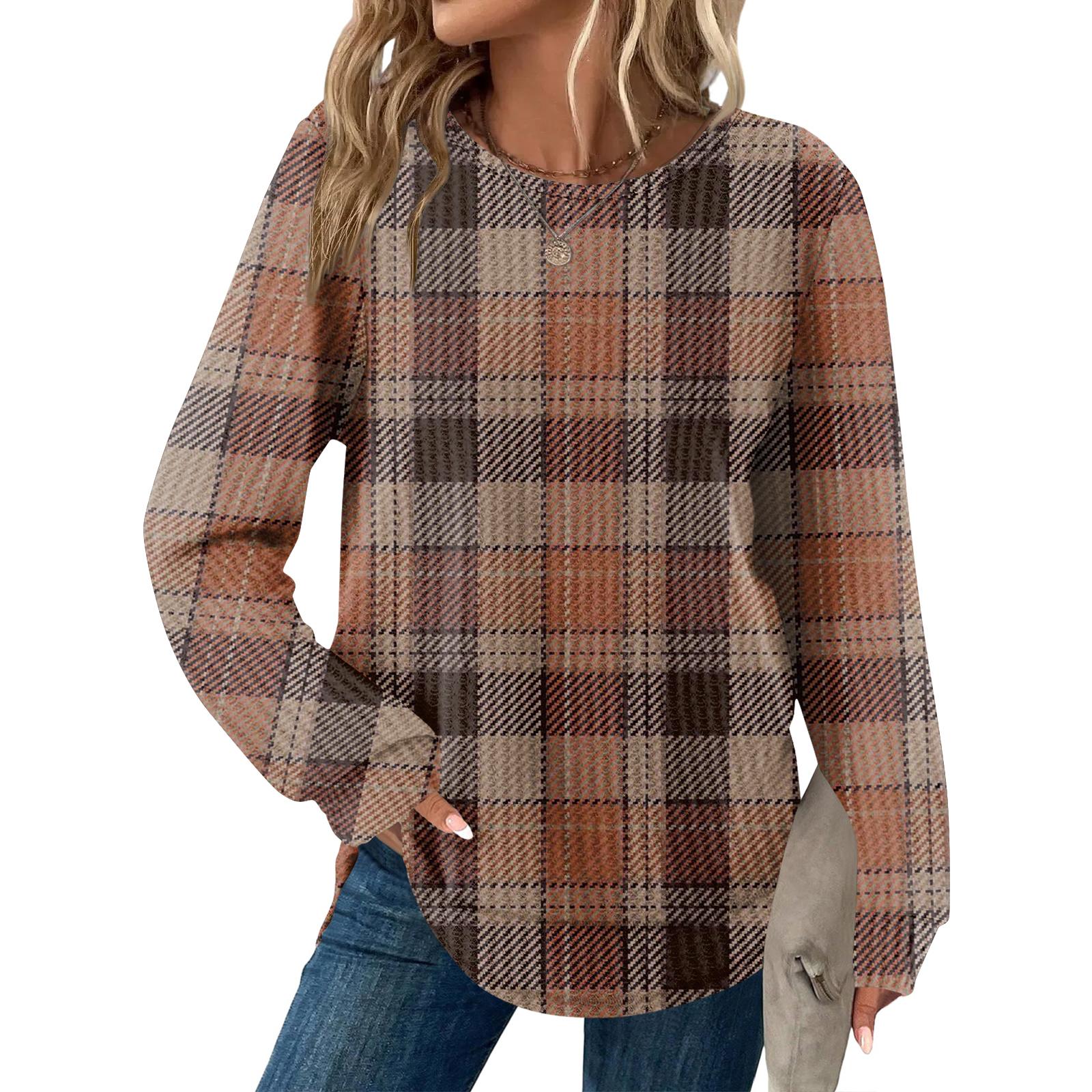 Women s Plaid Print Round Neck Long Sleeve Casual Loose Top L