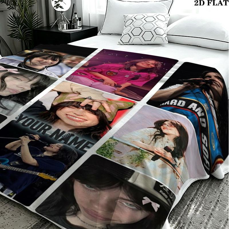 1PC Billie Eilish Custom Name Patterned Flannel Blanket Suitable For All Seasons for Home Decor Warmth and Comfort Gifts Holiday Present