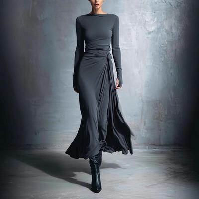 Autumn 2025 European & American One-Shoulder Twist Waist Maxi A-line Dress