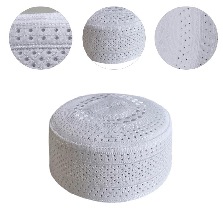 Men Ethnic Islamic Prayer Bonnet Hat Breathable Hole Embroidery White Kufi Cap