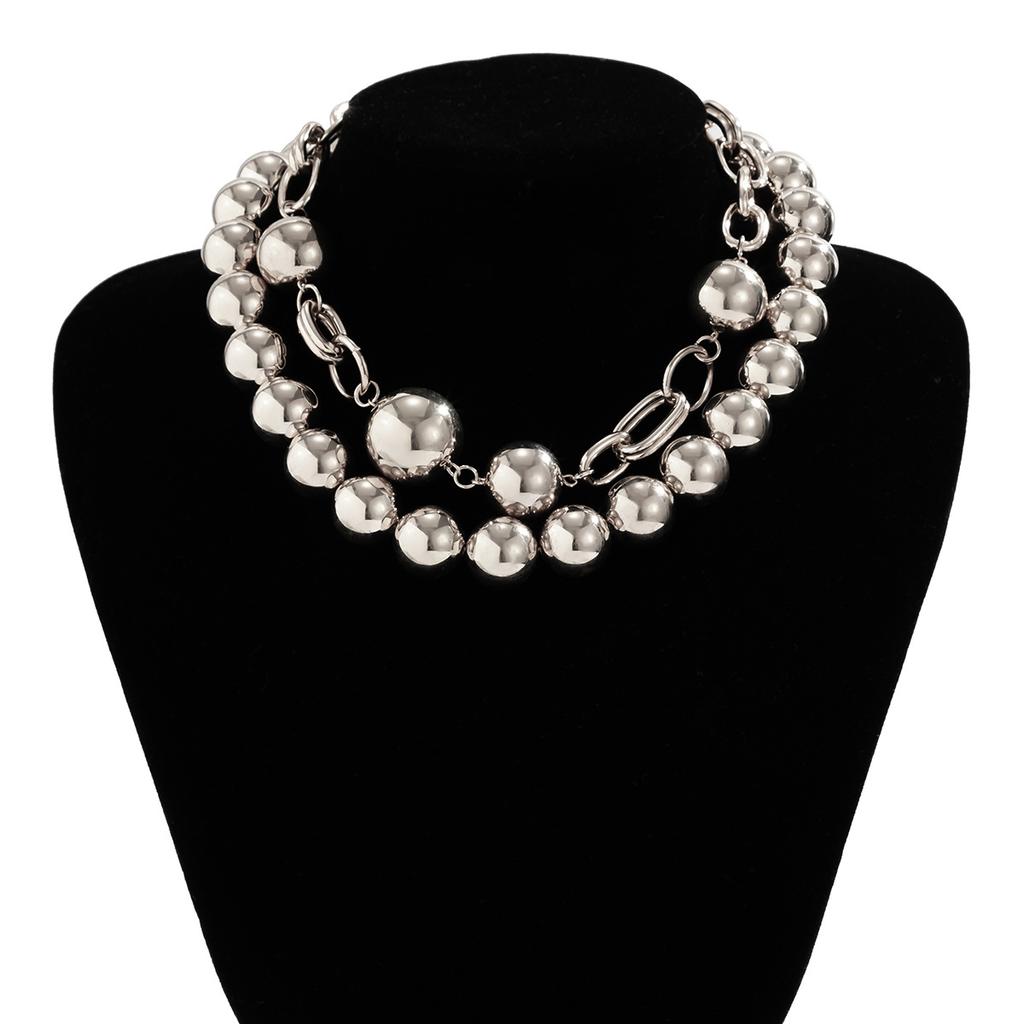 Creative punk style round bead double layer necklace with exaggerated metal chain