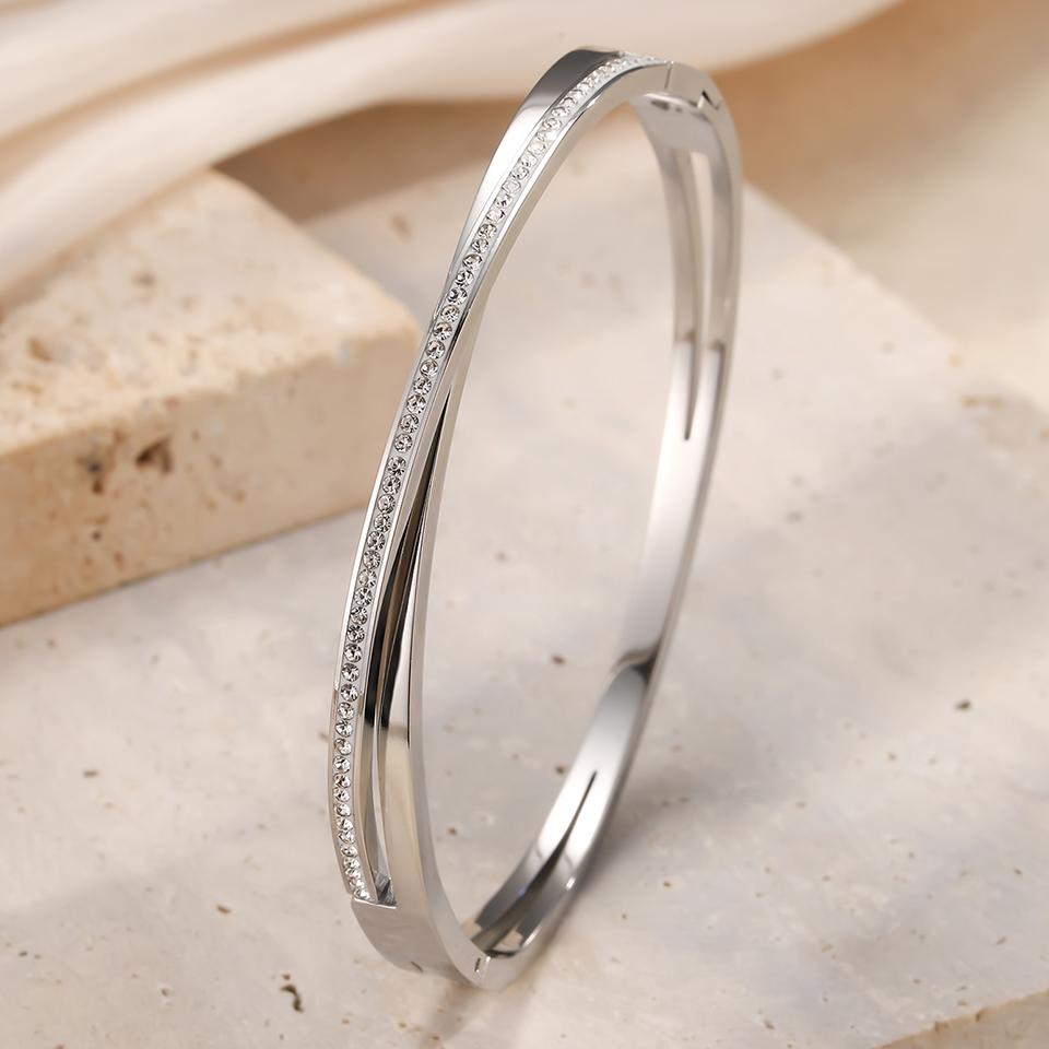 Htpwe Stainless Steel Zirconium Cross Double Layer Bracelet Women's Plated 18k Gold Couple Holiday Gift Bracelet Party Zircon
