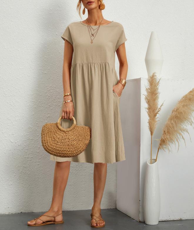 Fashion Summer OL Temperament Women's Clothing Cotton and Linen Round Neck A-shaped Skirt Large Size Loose Dress