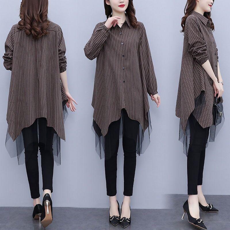 Women's Polo-Neck Button Spliced Gauze Irregular Blouse Elegant Loose Commuter Long Sleeve Shirt Tops