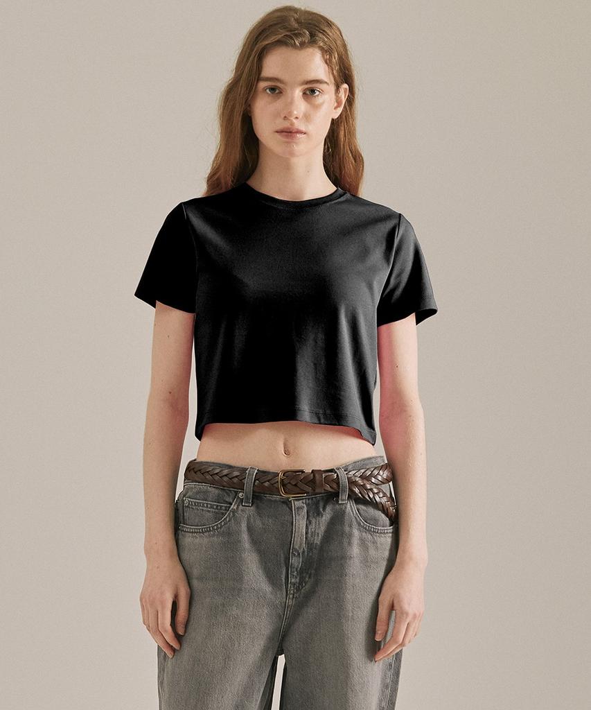 BASIC HOUSE Women'S Round Crop Short Sleeve T-Shirt Black Lats0202