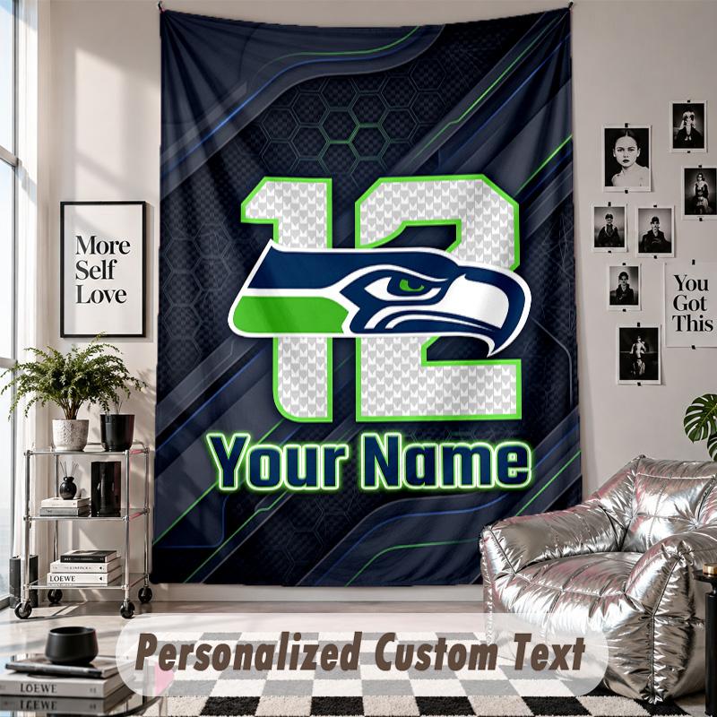 Wall Hanging Tapestry With Custom Name & Text, Seattle Seahawks Decorative Tapestry For Bedroom
