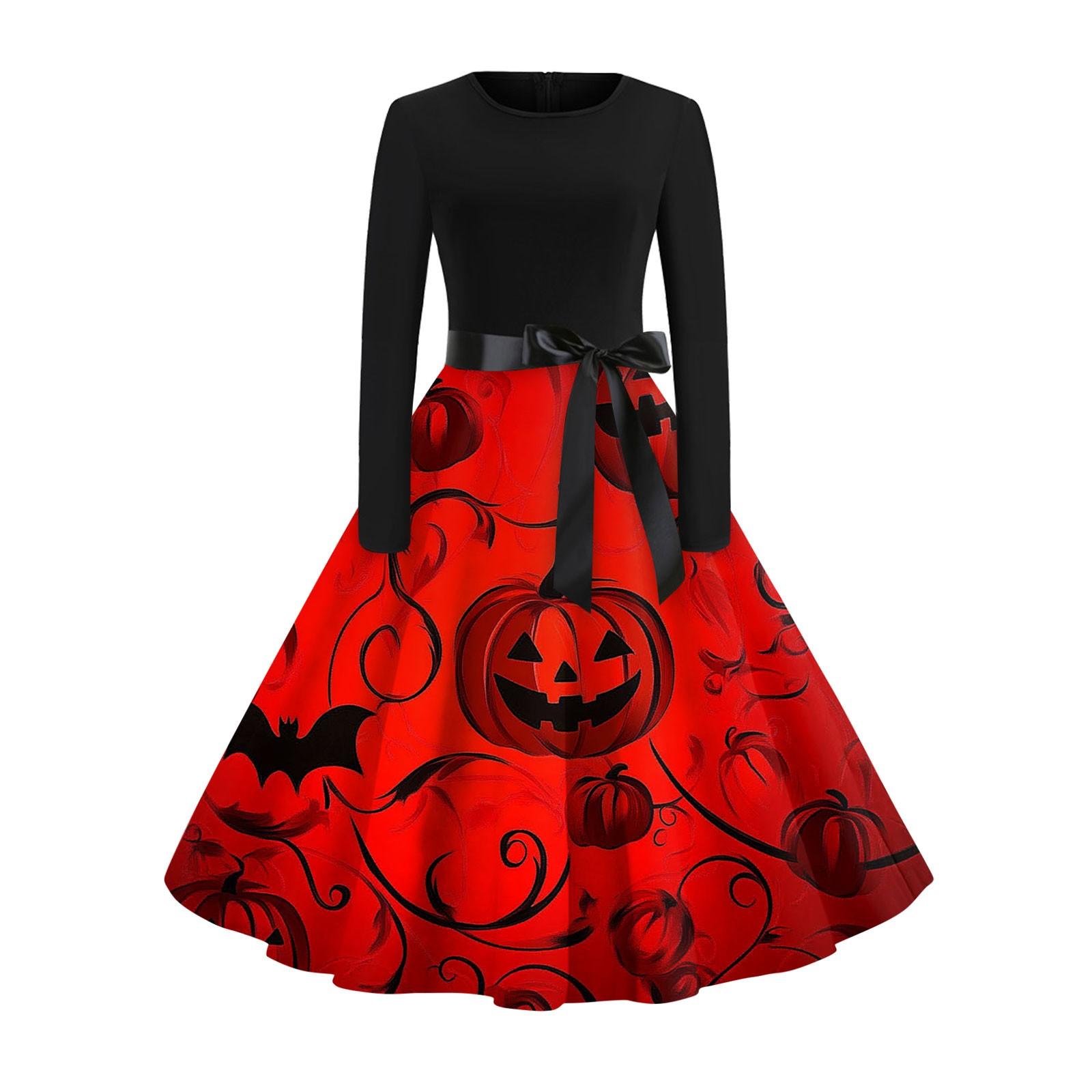 

Women s Fashion Casual Round Neck Halloween Print Long Sleeve Dress XL