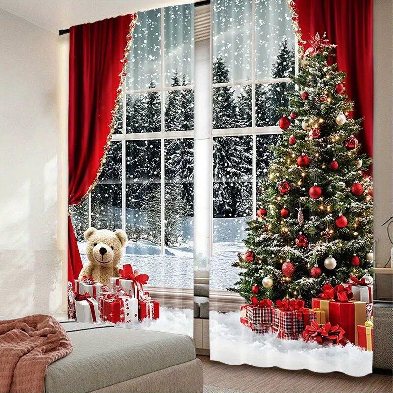 2 pieces - Christmas curtains   Christmas snow scene and tree polyester printed curtains   home decoration   room decoration