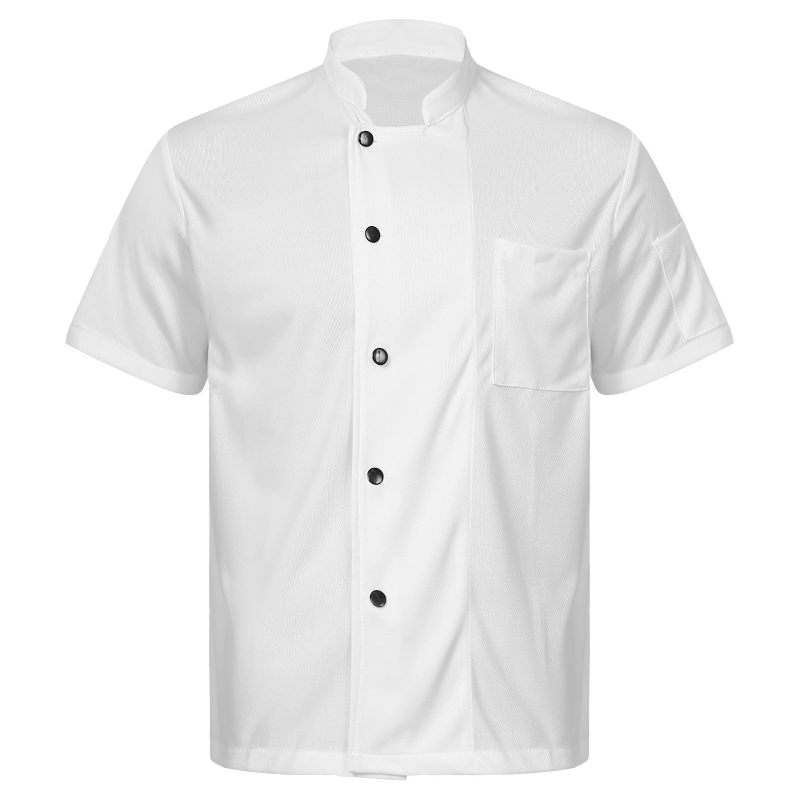 

Мужская и женская рубашка шеф-повара из дышащей сетки с коротким рукавом и воротником-стойкой, застегивающаяся на пуговицы спереди, профессиональная кухонная одежда белый