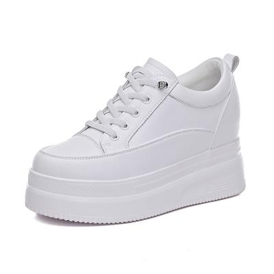 100% Echtes Leder Mode Sneaker Damen Flats Marke Damen Flache Plateau Höhe Erhöhend 8cm Schwarz Weiß Schuhe A4835