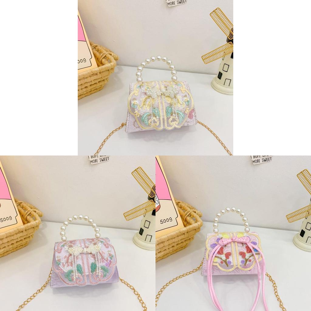 Childrens Cute Princess Crossbody Bag With Artificial Pearl Decoration And Embroidery Design For Daily Use