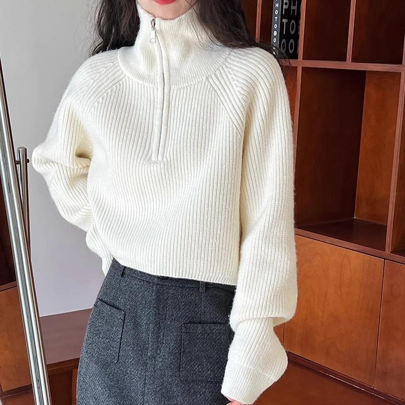 Poloviční vysoký límeček na zip Pletený svetr pro ženy Podzimní Lucerna Rukáv Vintage Volné Pulovry Svetry Zimní Silné Ležérní Jednobarevné Teplé svetry 25404