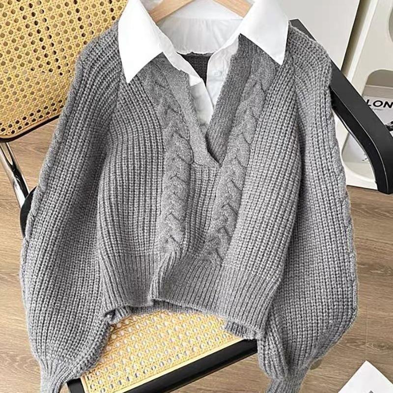 Fake Two-piece Sweater Autumn and Winter Women's Japanese Lazy Retro Design Sense Niche Collar Twist Knit Sweater Top