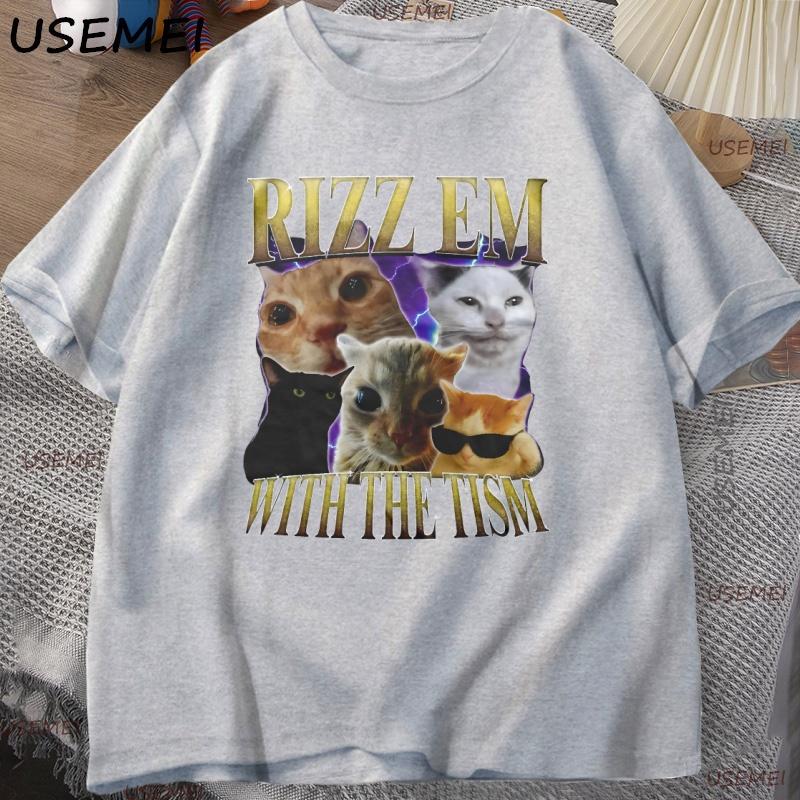 Rizz Em with The Tism Vintage Graphic Tee Unisex Women Retro 90s Funny Cat T Shirt Silly Cats Tshirt Casual Cotton Short Sleve Tee