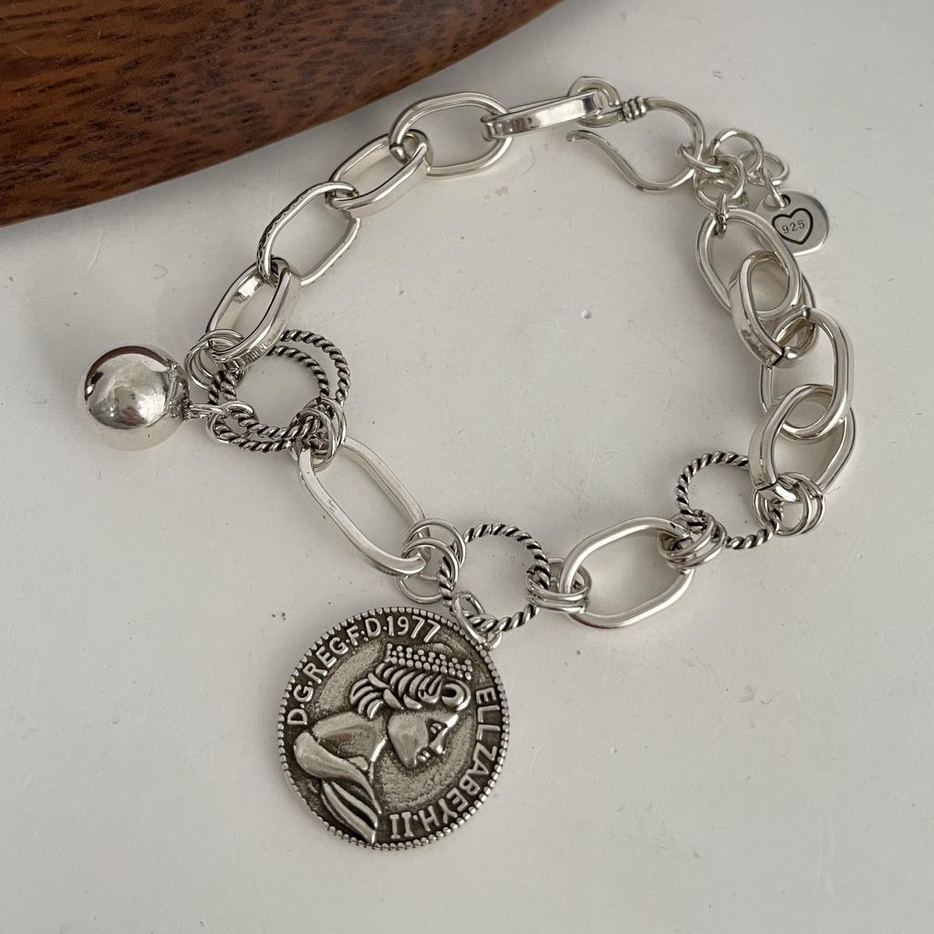 100% Solid 925 Silver Metal Bracelet for Women Vintage Handmade Simple Retro Heart Chain Bracelet Birthday Gift Party