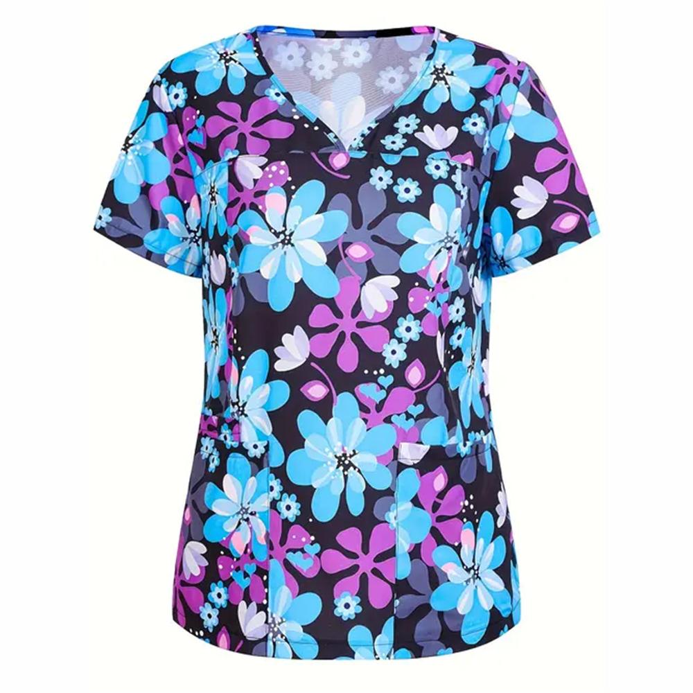 Scrubs Medical Uniforms Woman Fashion Floral Print Dental Nurse Tops V-Neck Short Sleeve Patch Pocket Tees Nurse Uniform Woman