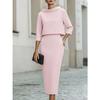 Completo Donna con Scollo ad Drappeggio e Manica a Tre Quarti, Gonna, Vestibilità Aderente, Elegante, Due Pezzi, Outfit Midi