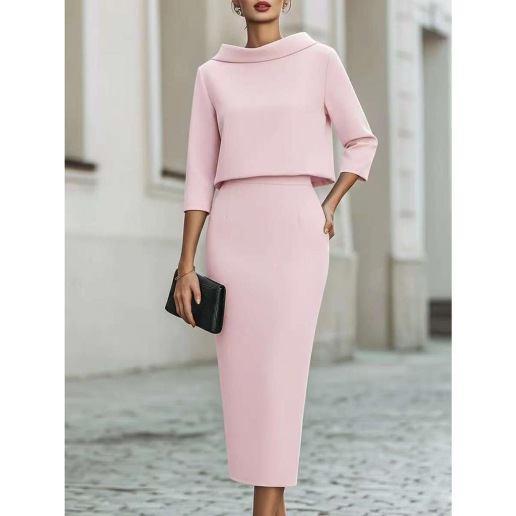 Completo Donna con Scollo ad Drappeggio e Manica a Tre Quarti, Gonna, Vestibilità Aderente, Elegante, Due Pezzi, Outfit Midi