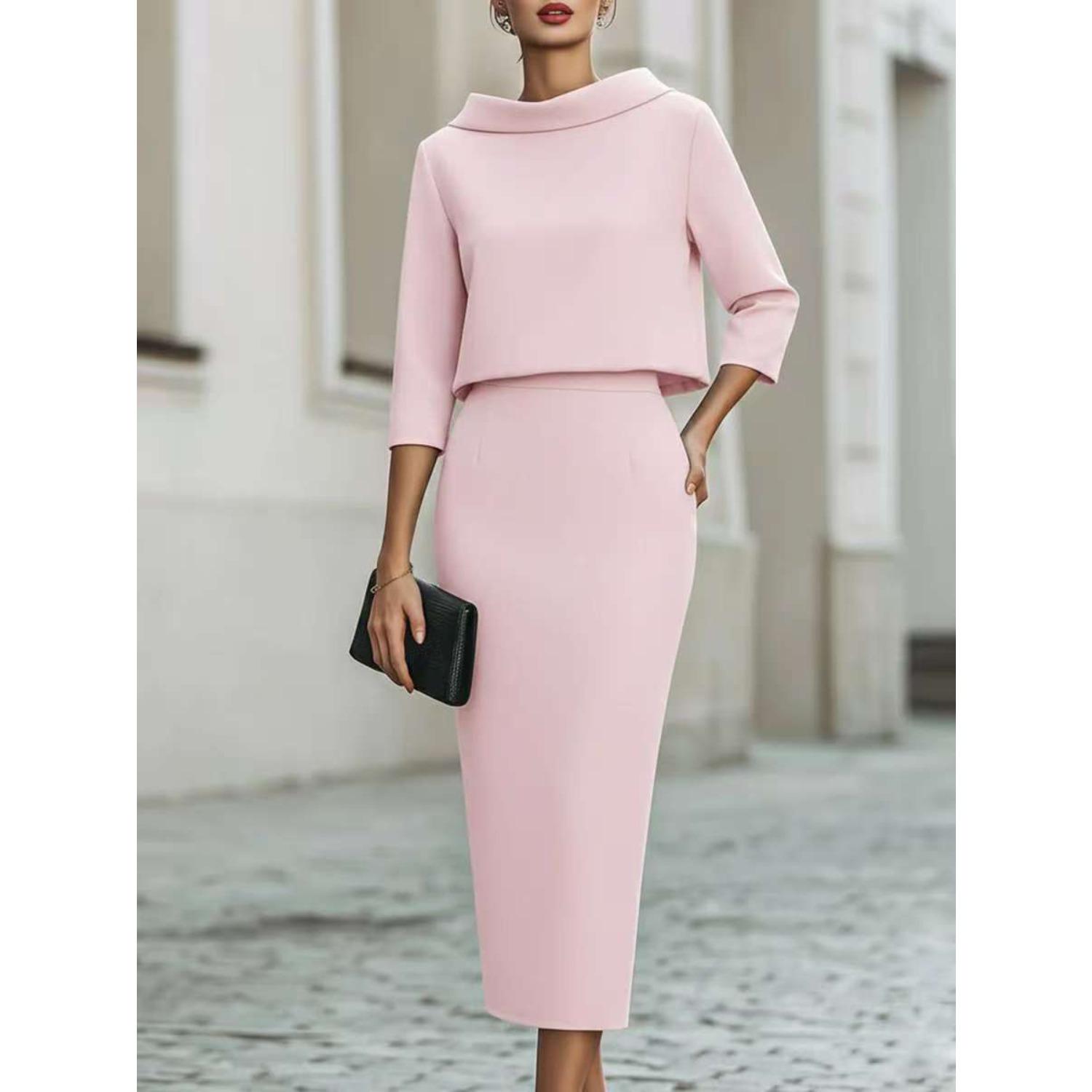 Damski komplet top z dekoltem typu cowl i rękawem 3/4 oraz spódnica, dopasowany, elegancki, dwuczęściowy, midi 3XL różowy