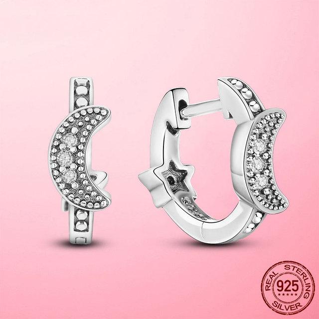 925 Sterling Silver Moon & Stars Beaded Stud Earrings for Women Clear Cubic Zircon Earring Stud Fine Jewelry Gift